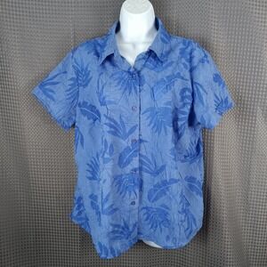 Kim Rogers Blue Tropical Floral Embroidered Button Up Short Sleeve Shirt Top